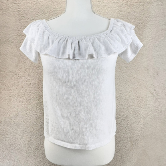 Loft Ruffle Crop Top White Size XS Short Sleeve Blouse Stretch Summer Casual - Picture 1 of 11